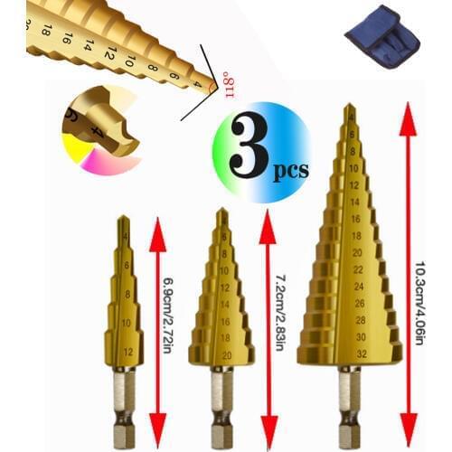 Wholesales Step Drill Bit 3pcs Titanium Steel Woodworking Metal Drilling Set Step Cone Cutting Tools