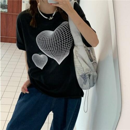 Niche mesh heartbreak love sticky note printed short-sleeved loose Korean summer T-shirt ins2021 round neck