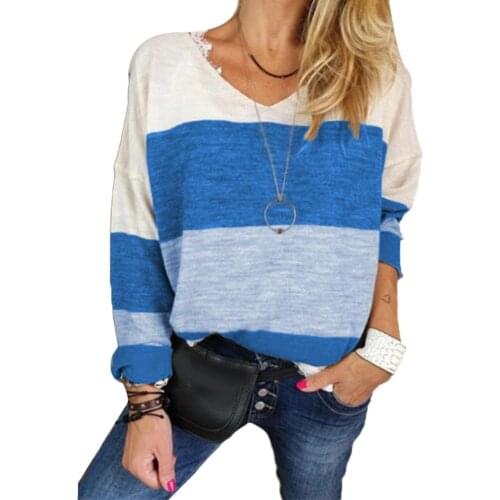 New Casual T-shirt Women V Neck Long Sleeve Color Block Patchwork Tees Loose T-shirt Plus Size Women T-shirt