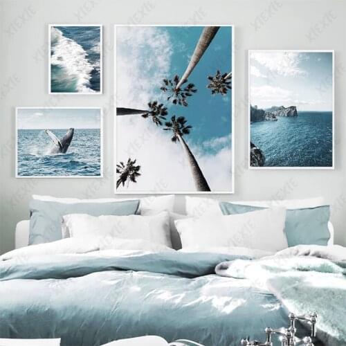 Blue Ocean Seascape Sky Poster Coconut Tree Canvas Painting Art Wall Fresh Pictures for Living Room Bedroom Office Decoration