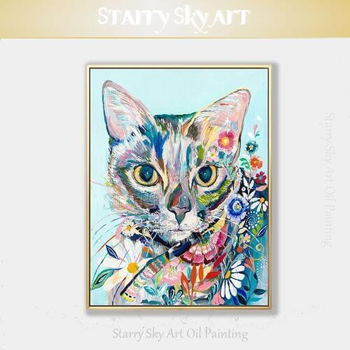 Professional Artist Hand-painted High Quality Wall Art Colorful Animal Cat Oil Painting on Canvas Flowers with Cat Oil Painting