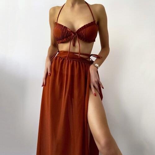 Sexy Halter 3 Piece Bikini Set with Sarong Skirt Swimwear Women Swimsuit Ruffle String Bow Thong Bikinis 2021 Mujer Bathing Suit