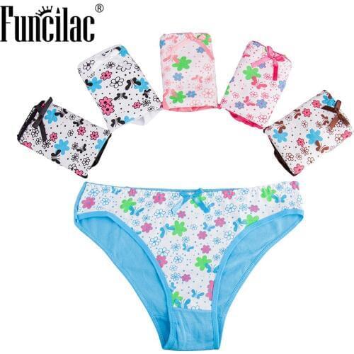 FUNCILAC Sexy Lady Seamless Women Underwear Low Rise Bow Panties Floral Print Briefs Cotton Comfortable Panty 5pcs/lot