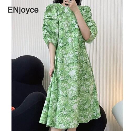 Vintage Floral Printed Maxi Dress for Womens Green Puff Sleeve Cotton Long Dresses Ladies A-line Beach Dresses Summer 2021