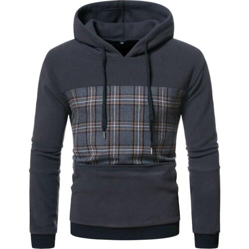 High Quality Men Fashion Patchwork Plaid No Pocket Cotton Fleece Pullover Hoodies