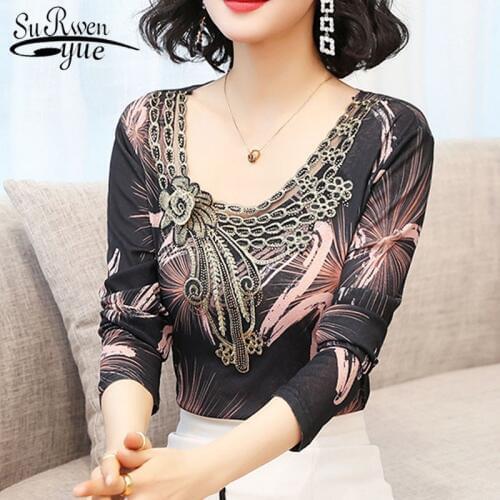 Womens tops and blouses 2021 spring women long sleeve shirts Embroidery Floral O-Neck black tops blusas plus size tops 8367 50