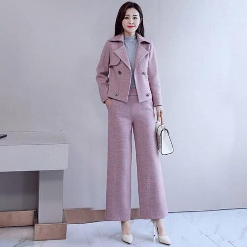 Vintage Spring/Fall Thicken Woolen pants 2 piece set Women Pant Suit Jacket & Pant 2020 Office Wear Women Suits Female Sets