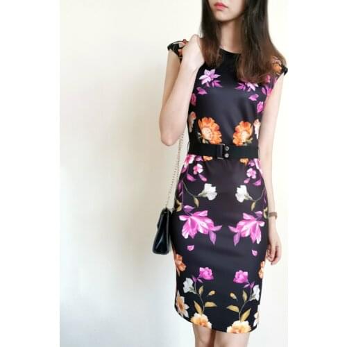 New UK Fashion Elegant Floral Print Bodycon Cap Sleeves Waist Belt Pencil Hourglass Dress