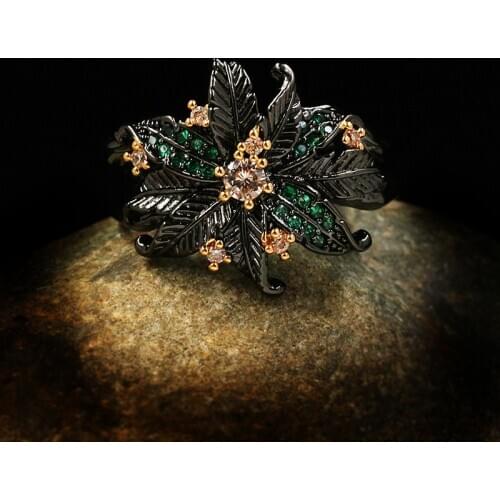 Luxury Female Green White Crystal Ring Vintage 14KT Black Gold Wedding Ring Promise Flower Engagement Rings For Women