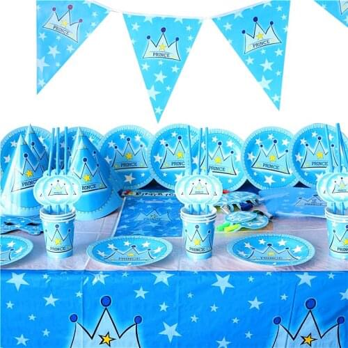 1Pc 108*180cm Blue Prince Crown Theme Child Birthday Party Paper Tablecover Family Party Tableware Set Wedding Tablecloth Supply
