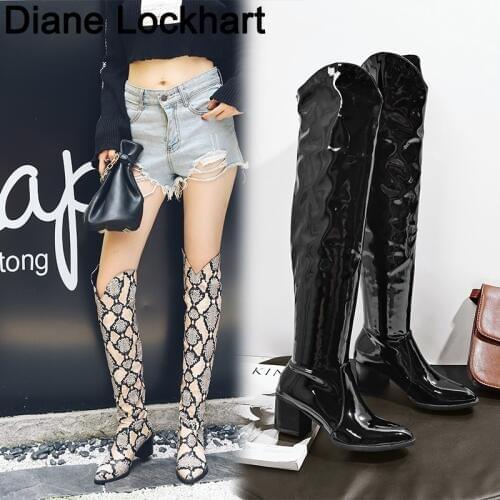 2020 New High Quality Over The Knee Boots Woman Long Boots Snake Print Women winter footwear sexy Winter Patent Leather boots