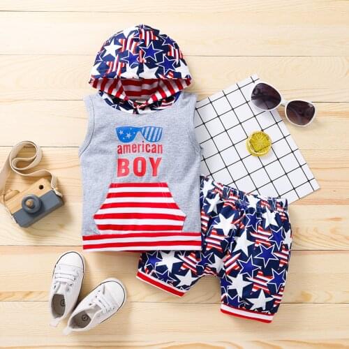 2021 Summer Toddler Kids Baby Boy Clothes Independence Day Star Stripe Hodded Tops Shorts Outfit Set Childrens Clothing Sets