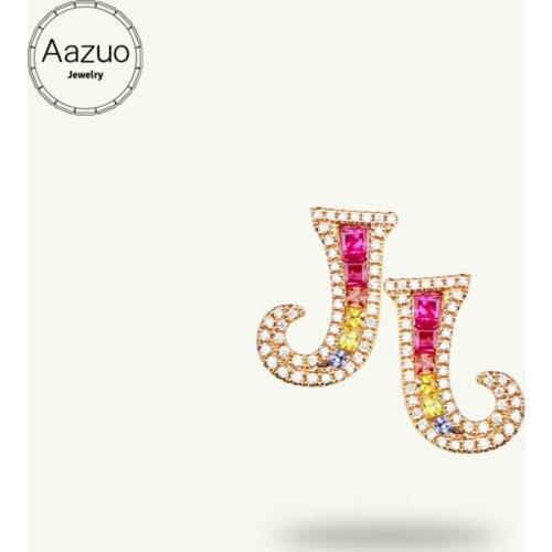 Aazuo 18K Jewelry Rose Gold Natural Coloured Gemstone Real Diamond Initial Lucky 26 Letters Stud Earring gifted for Women Au750