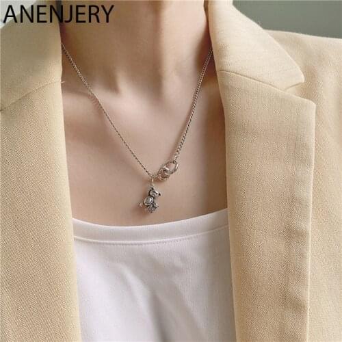 ANENJERY 925 Sterling Silver Double Circle Little Bear Pendant Necklace For Women Couple Jewelry Wholesale S-N620