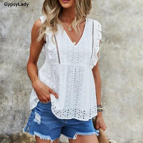 GypsyLady White Embroidery Summer Blouse Shirt Cotton Boho Casual Summer Women Blouse Sleeveless Female Ladies Holiday Tops 2021