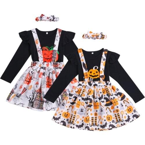2-7 Years Kids Suit Set Toddler Pumpkin Print O-Neck Long Sleeve Tops+ Suspender Skirt+ Headband for Girls Clothes