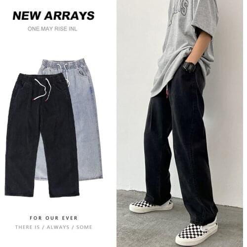 Autumn Drawstring Blue Black Jeans Mens Fashion Casual Baggy Jeans Men Streetwear Loose Hip-hop Straight Denim Trousers Mens