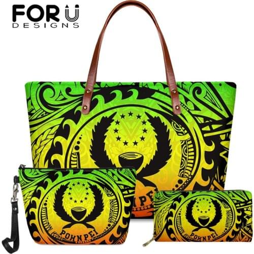 FORUDESIGNS Elegant Womens Handbags 3Set Polynesian Pohnpei Pattern Brand Designer Pu Long Clutch Purse Casual Beach Tote Mujer