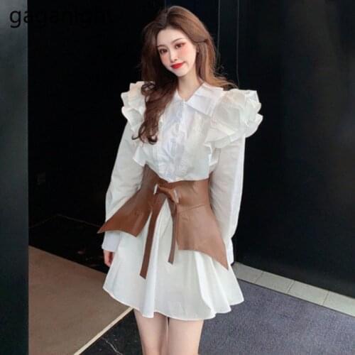 Gaganight Ruffles Fashion Women Mini Short Shirt Dress Solid Long Sleeve Lady Dresses Spring Autumn Korean Vestidos with Belt