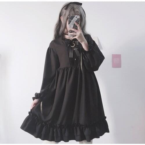 Gothic Lolita Dress WomenS Cute Bow Tie Ruffled Long Sleeve Dress Kawai Dress Sweet Lolita Vestidos Japanese Dress Loli SL2915