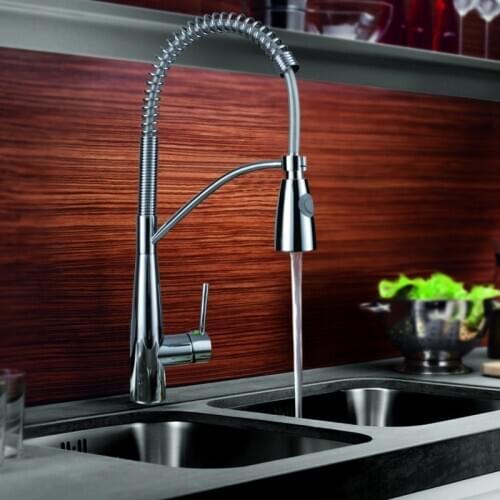 Chrome Finish Single Lever Classic Pull Out Brass Spring Tap, Hot and Cold Kitchen Sink Faucet Single Handle Deck Mounted