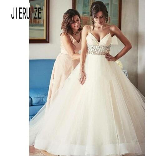 JIERUIZE 2020 Sexy Boho Wedding Dresses Spaghetti Straps Backless Crystal Sash Organza Bridal Gowns Custom Vestido De Noiva