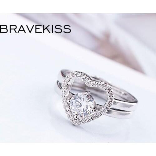 BRAVEKISS Luxury Heart CZ Zirconia Open Wedding Rings Combination Ring Adjustable Fashion Jewelry for Women Creative Ring PR0238