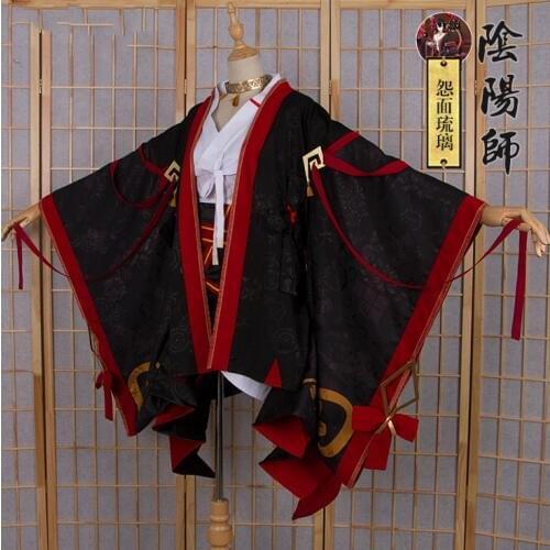 Game Onmyoji Hannya YuanMianLiuLi Black Gorgeous Kimono Outfit Cosplay Costume Halloween Free shipping Customized