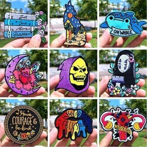 Prajna Cartoon Anime Patches Skull Embroidered Patches For Clothing DIY Stripes Badges Iron On Patches On Clothes T-shirt Decor