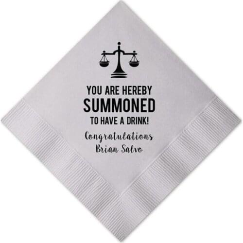 Personalized Napkins Law School Graduation Summoned to Drink Printed Beverage Cocktail Luncheon Dinner Guest Towel Printed Paper