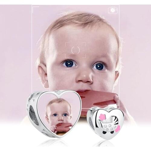 ELESHE Real 925 Sterling Silver Baby Carriage Heart Charm Personalized Photo Bead Fit Original Bracelet DIY Jewelry Women Gift
