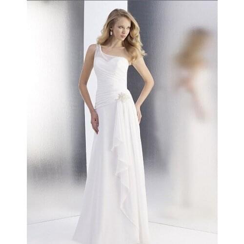 Free shipping chiffon flare gown illusion one shoulder key hole back beaded medallion drop waist cascading ruffles wedding dress