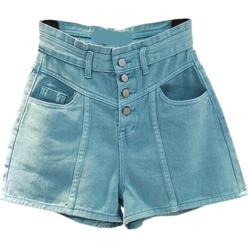 Han Nice summer new blue singlet buckle high waist wide-legged chic shorts yang gas a hundred A-word hot pants woman