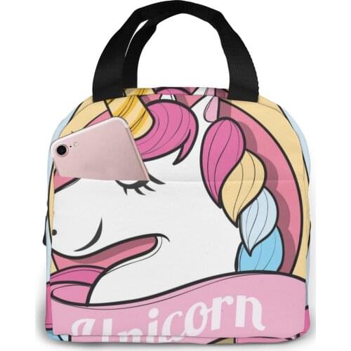Happy Unicorn Face Lunch Bag Portable Insulated Thermal Cooler Bento Lunch Box Tote Picnic Storage Bag Pouch