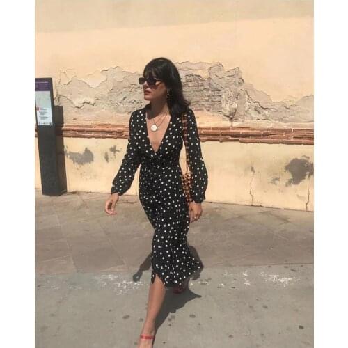 High Quality Ladies Silk 100% Polka Dots Print V Neckline Long Sleeve Midi Long Dress