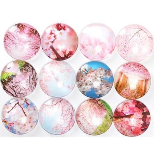 10-50pcs 8 10 12 15 18 25 30mm Pink cherry blossom Trendy Flatback Photo Dome Cameo Mixed Round Glass Pattern Cabochon Jewelry