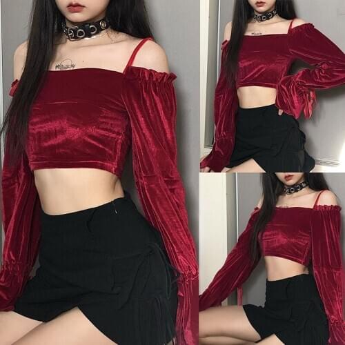 WomenS Fashion Velvet One Shoulder Slim Short Lantern Sleeve T-Shirt Top Red