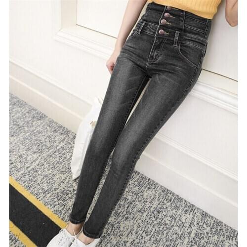 Women High Waist skinny Women Jean Korean 2020 Fashion Style Retro Vintage Pockets All-match Simple Daily