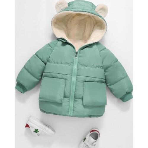 2020 Winter Toddler Kids Jackets Solid Plus Velvet Thicken Warm Cotton Jacket for Boys Childrens Hooded Pocket Zipper Down Coat