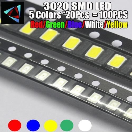 5 x 20pcs/Color=100pcs New 3020 Red/Green/Blue/White/Yellow SMD LED kit