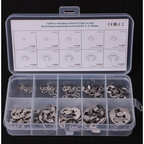 120PCS 1.5mm-10mm E-Clip Assortment Kit Stainless Steel Retaining Circlip Set Washers And Gaskets