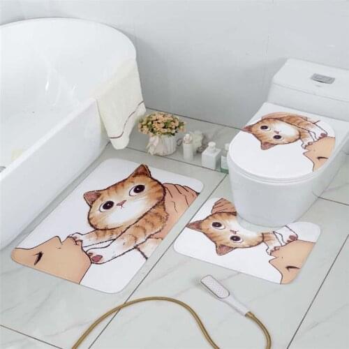 3Pcs/set Bathroom Mat Toilet Lid Cover Cute Cat Kiss Non-Slip Carpet Flannel High Quality Waterproof Shower Room Decoration Rug