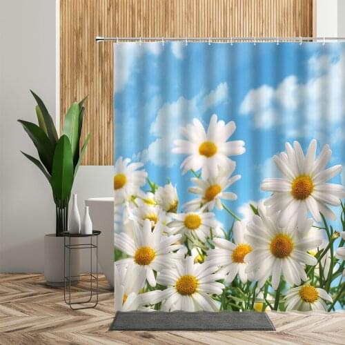 White Flowers Shower Curtain Bath Set Daisy Natural Scenery Bathroom Decor Sunny Blue Sky Waterproof Backdrop Fabric 3D Curtains