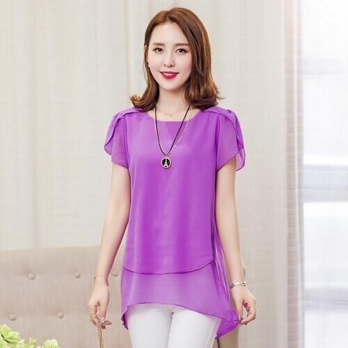 Summer Women Blouse Loose O-Neck Chiffon Short Sleeve Plus Size 5XL Shirts Tops