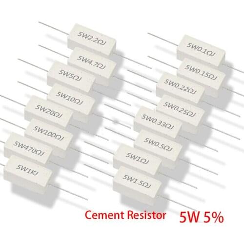 200pcs 5W 5% Cement Resistor Power Resistance 0.1 ~ 10K 0.1R 0.5R 1R 10R 100R 0.22 0.33 0.5 1 2 5 8 10 15 20 25 30 100 1K ohm