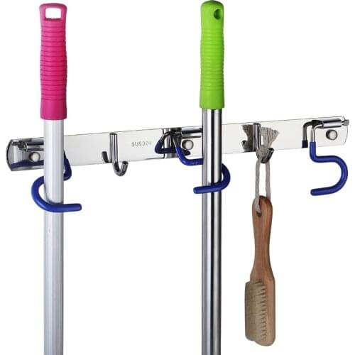 Mop Broom Holder Organizer Wall Mounted Cleaning Tools Hanging Rack Space Save Heavy Duty Broom Mop Handle Holder