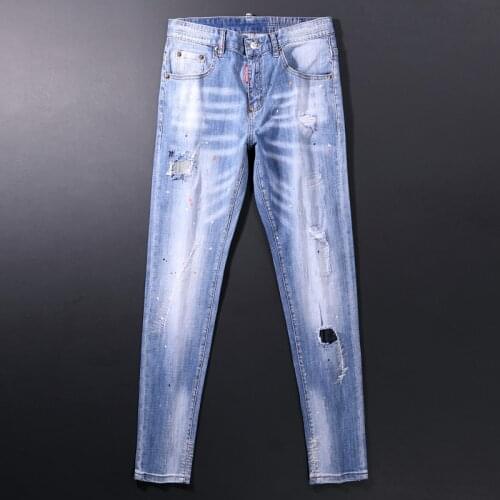 High Street Fashion Men Jeans Retro Light Blue Distressed Elastic Slim Fit Ripped Jeans Men Painted Designer Hip Hop Denim Pants