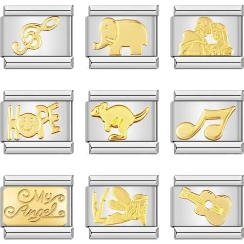 Hapiship Fashion Gold Elephant Kangaroo Angel Notes Hope Italian Charm Fit 9mm Bracelet Stainless Steel Jewelry Making DJ192