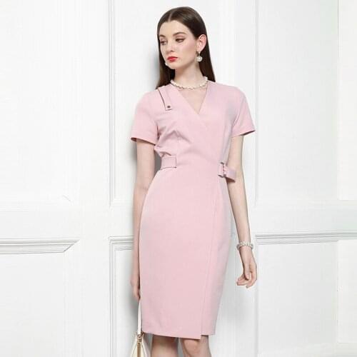 High End French V-Neck Professional Celebrity Temperament Slim Dress Pink Summer Light Ripe Chic WomenS Dress