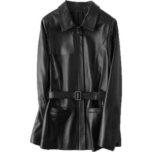 Womens Short Genuine Leather Sheepskin Jacket With Belt Long Sleeve 100% Real Leather Jackets Slim